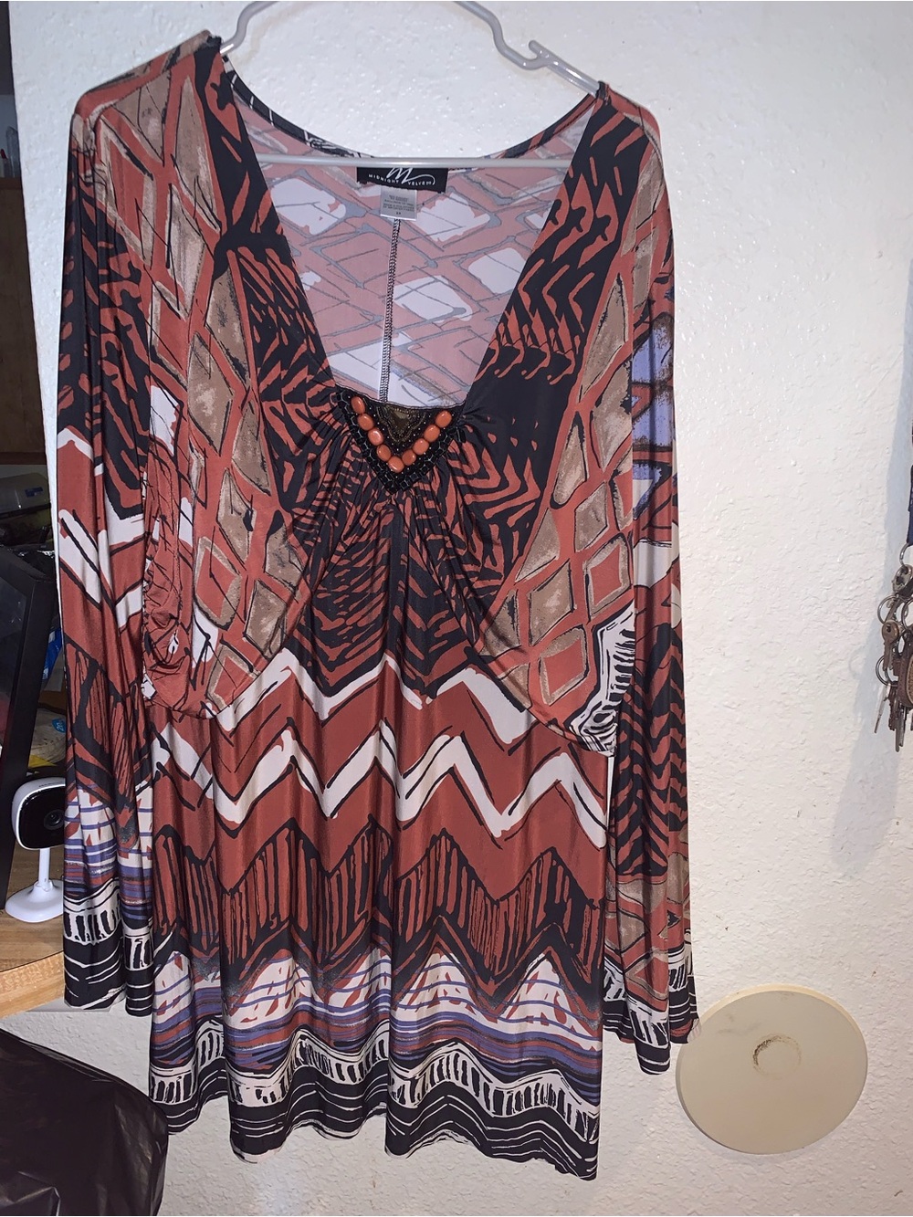 Midnight Velvet Multi-Pattern Rust Black Cream Tunic Blouse